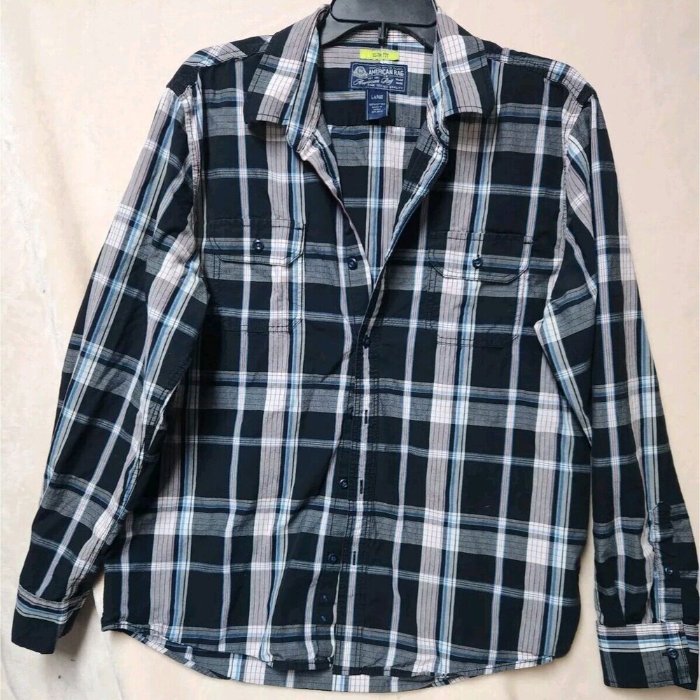 American Rag Men's Size Large Blue Plaid Slim Fit Shirt